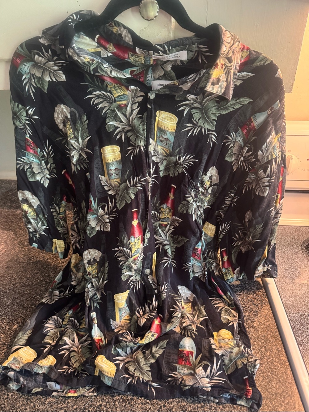 VTG Pierre Cardin Black Tropical Bottle Print Short-Sleeve Button Shirt Sz L
